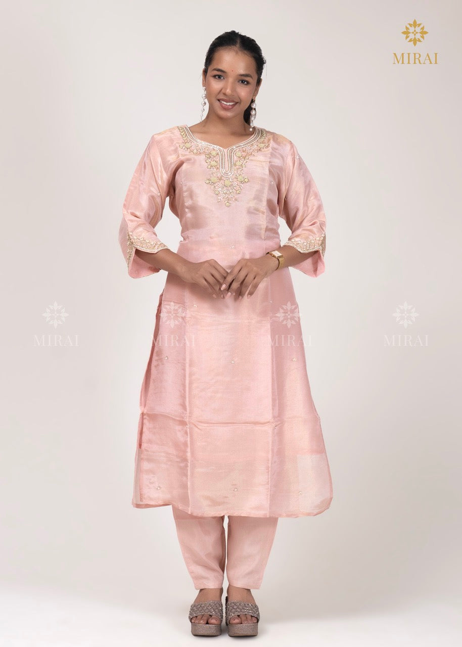 3-Piece Set Tissue Silk With Handwork And Banarasi Dupatta-Pastel Peach