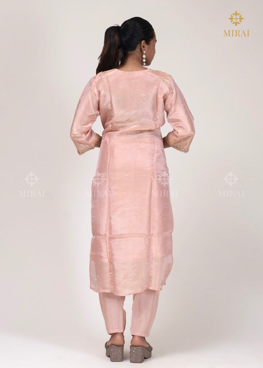 3-Piece Set Tissue Silk With Handwork And Banarasi Dupatta-Pastel Peach
