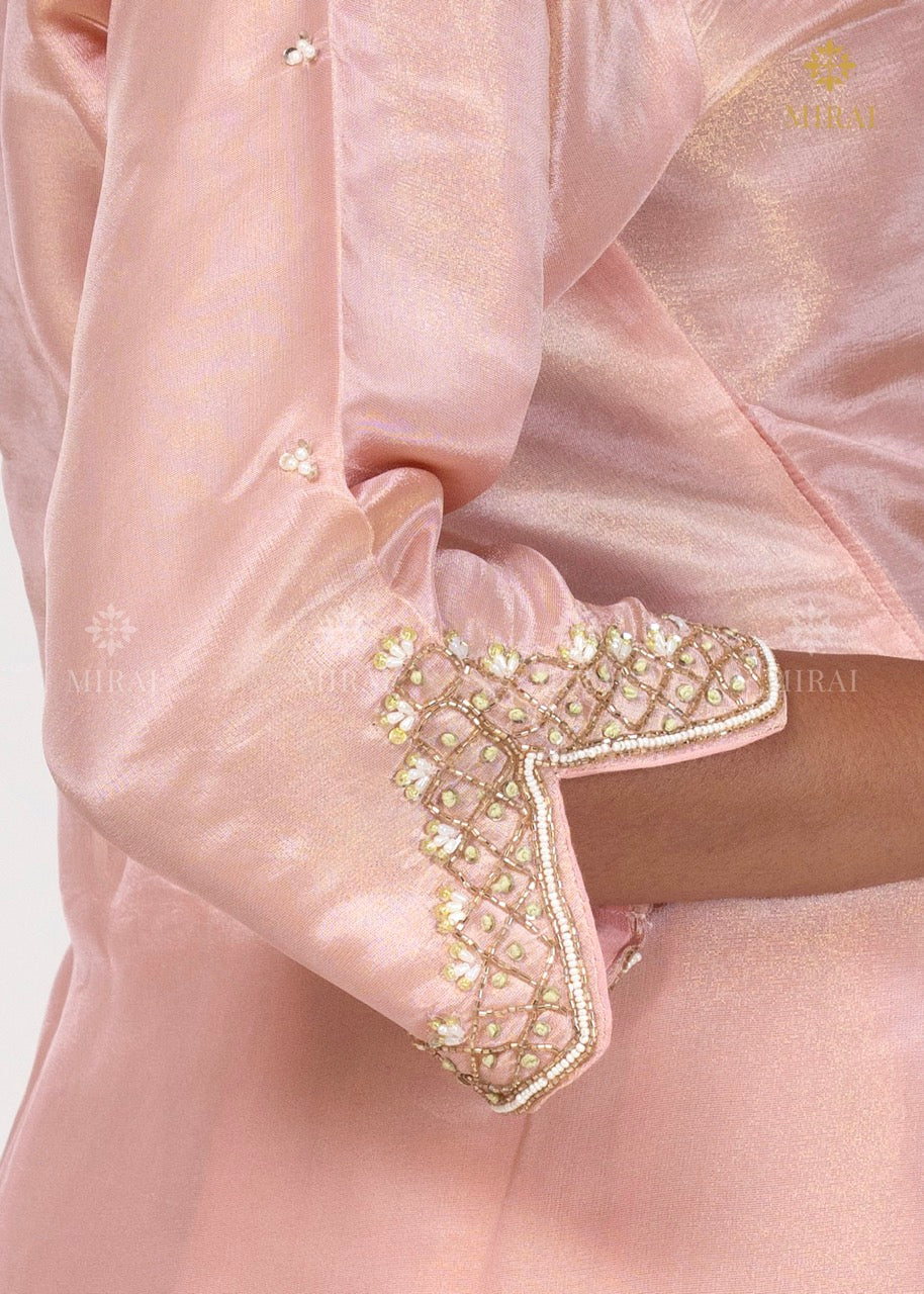 3-Piece Set Tissue Silk With Handwork And Banarasi Dupatta-Pastel Peach