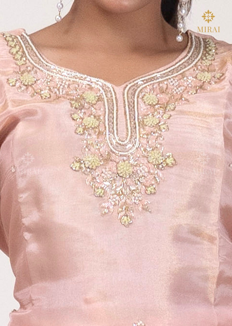 3-Piece Set Tissue Silk With Handwork And Banarasi Dupatta-Pastel Peach