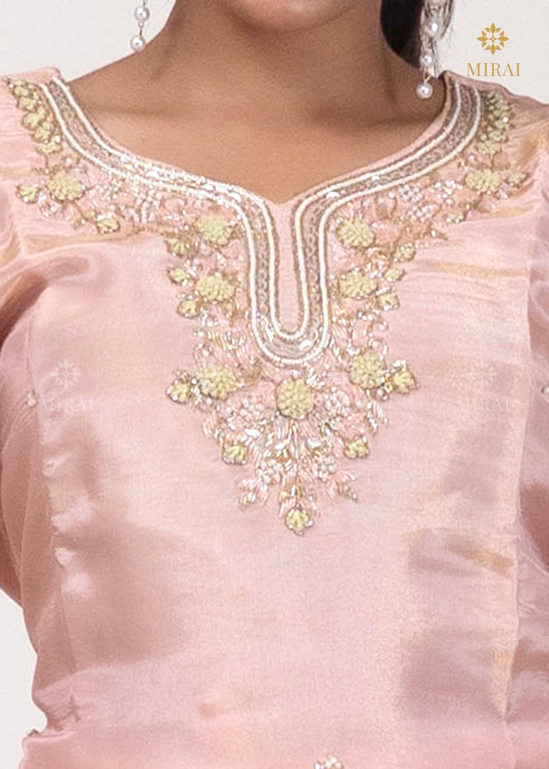 3-Piece Set Tissue Silk With Handwork And Banarasi Dupatta-Pastel Peach