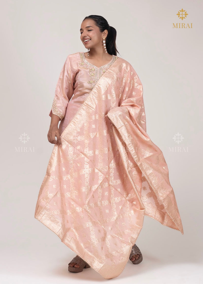 3-Piece Set Tissue Silk With Handwork And Banarasi Dupatta-Pastel Peach