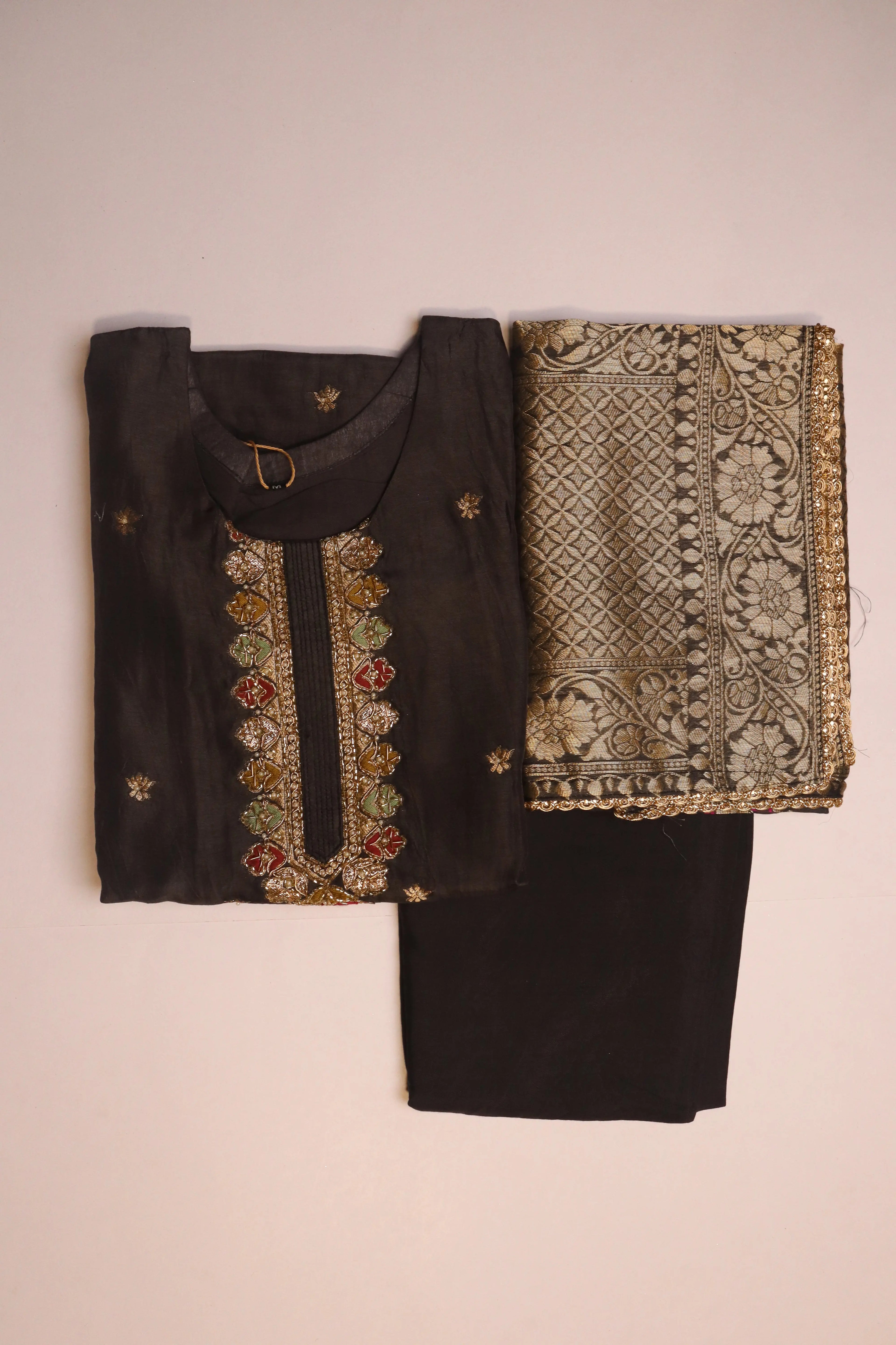 Dark Grey Banarasi Dola Silk – 3 Piece Set