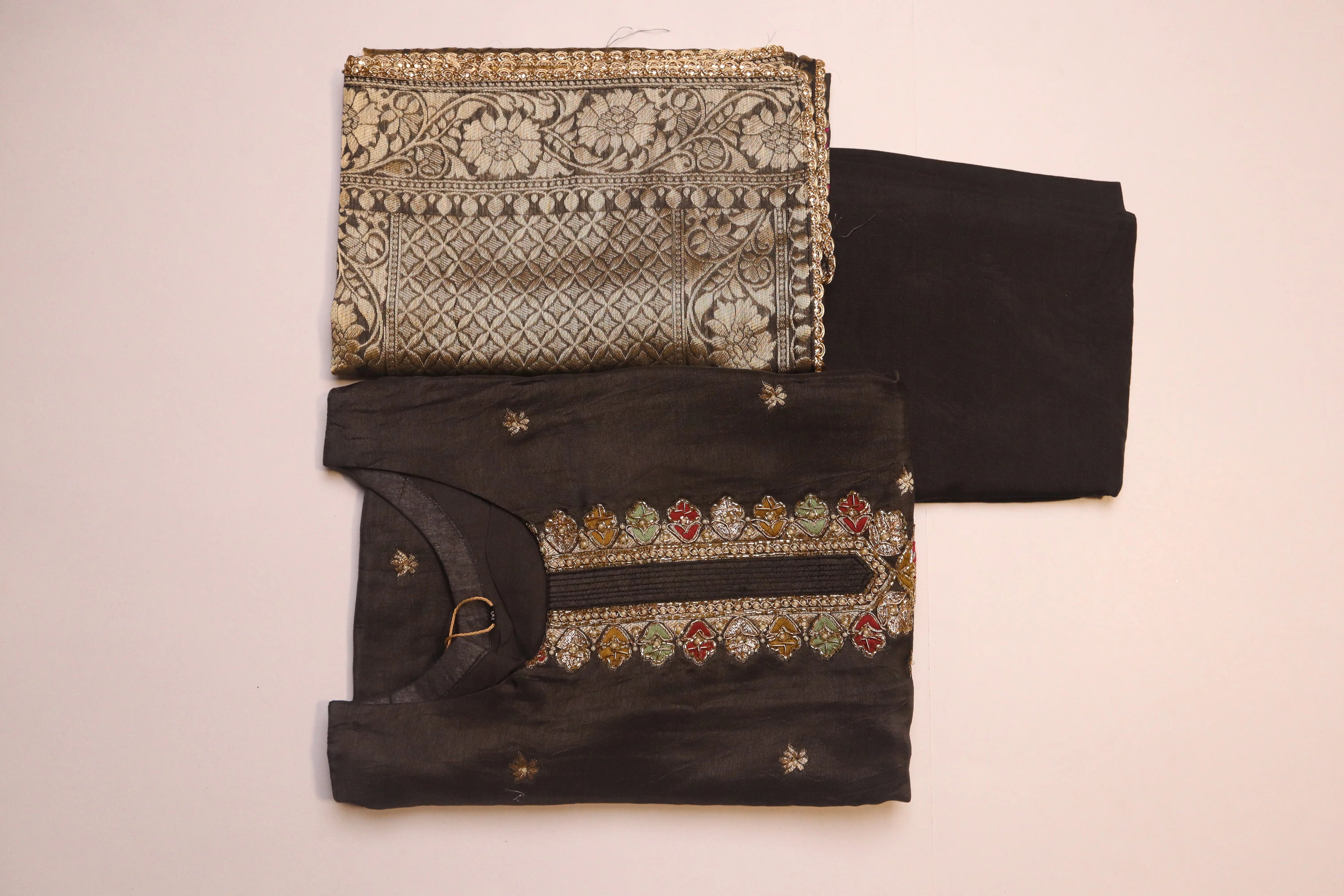 Dark Grey Banarasi Dola Silk – 3 Piece Set