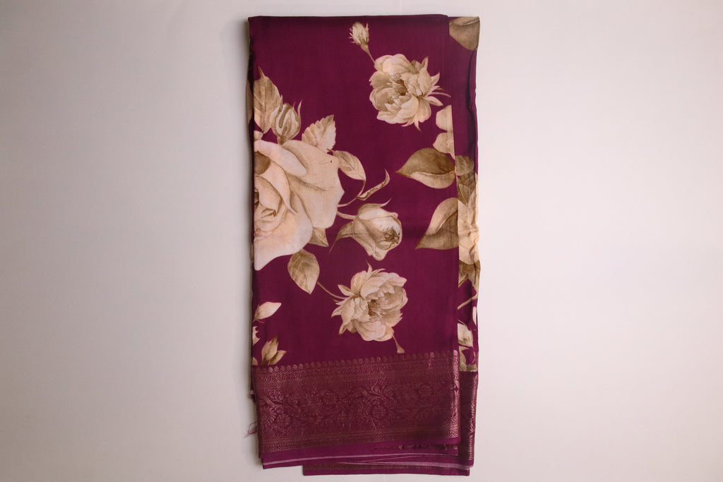 Violet Digital Print Dola Silk Saree With Zari Border