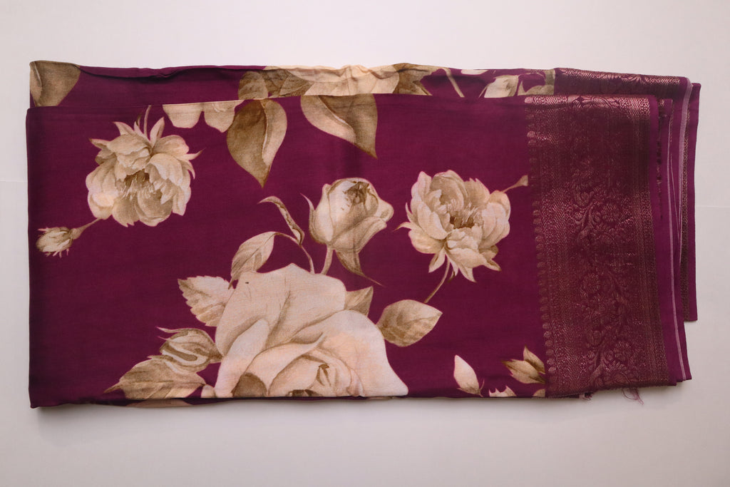 Violet Digital Print Dola Silk Saree With Zari Border