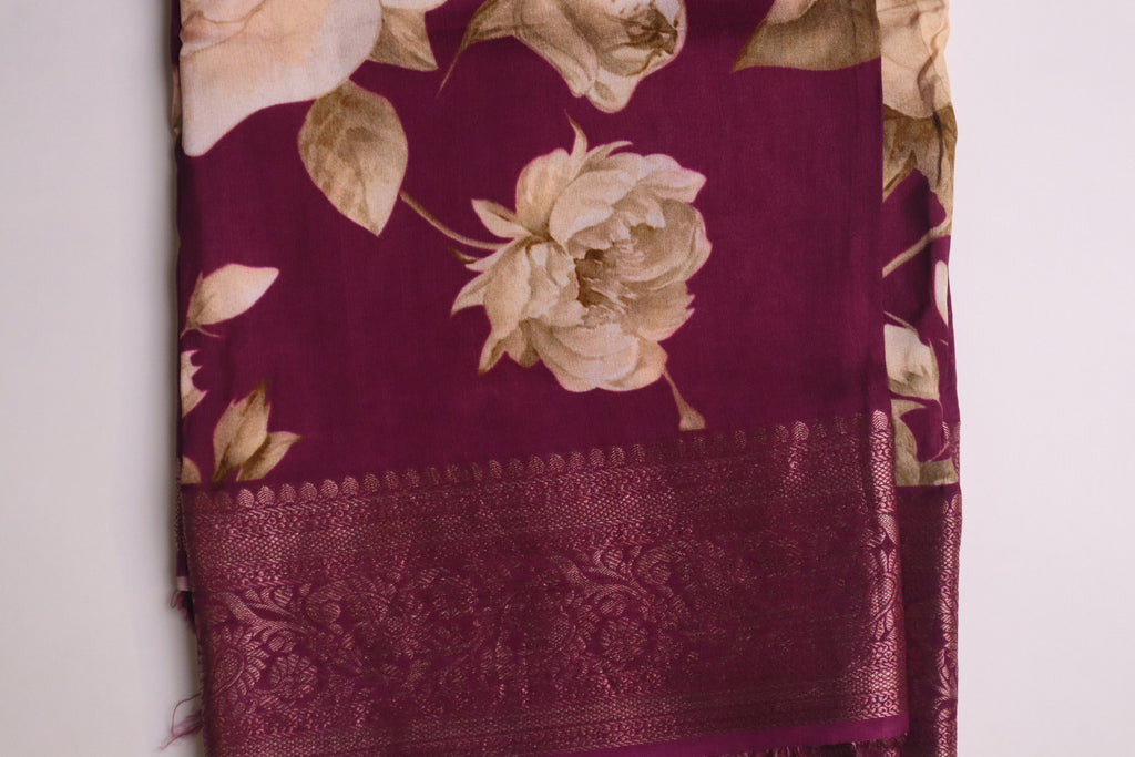 Violet Digital Print Dola Silk Saree With Zari Border