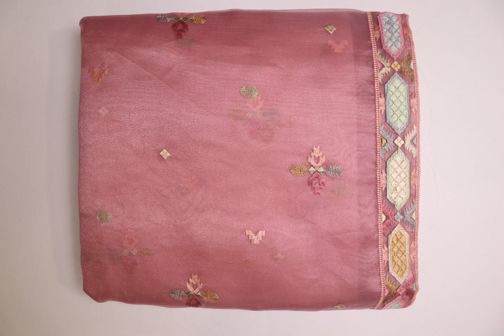 Pink Premium Organza Silk Saree With Multicolour Embroidery