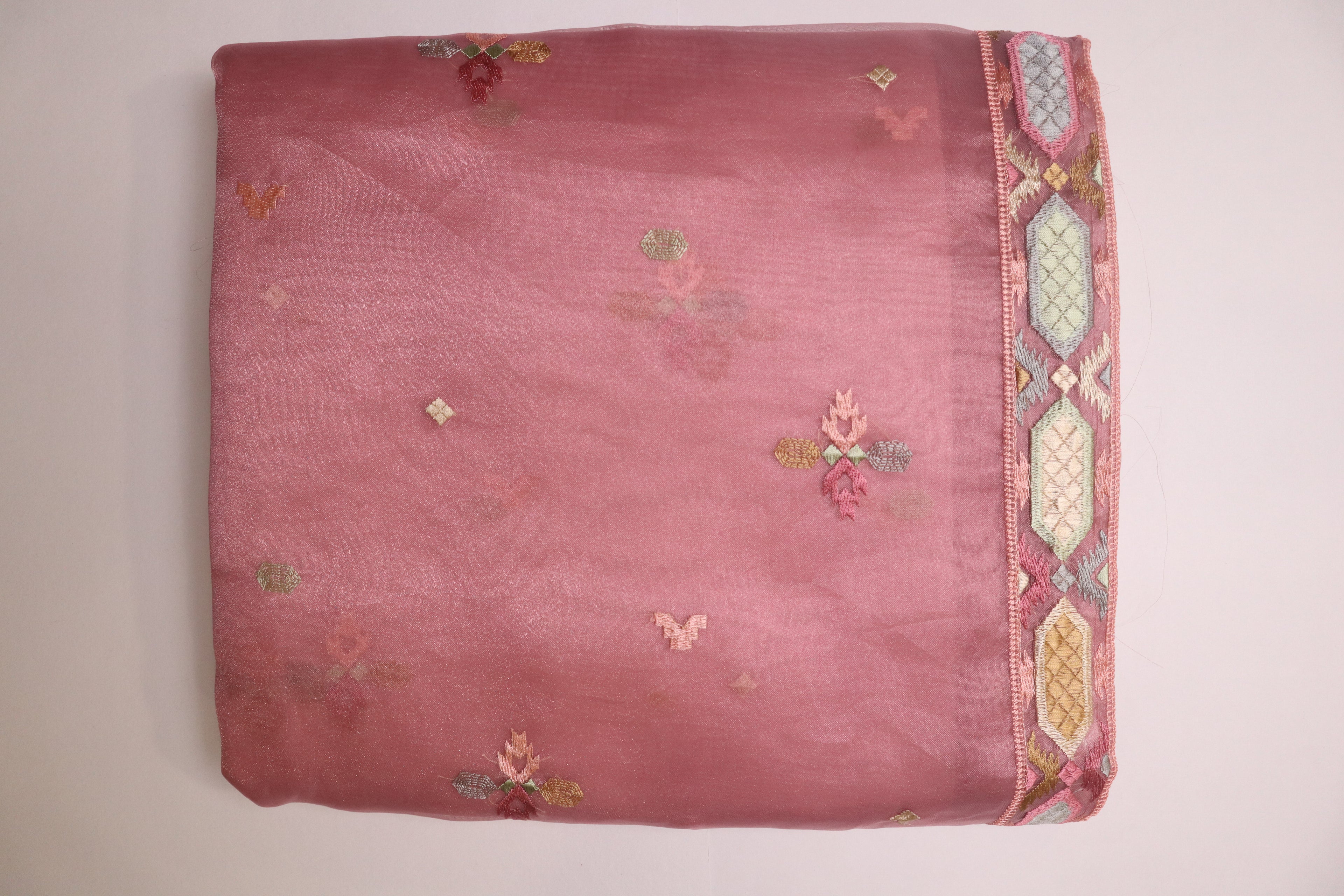 Pink Premium Organza Silk Saree With Multicolour Embroidery