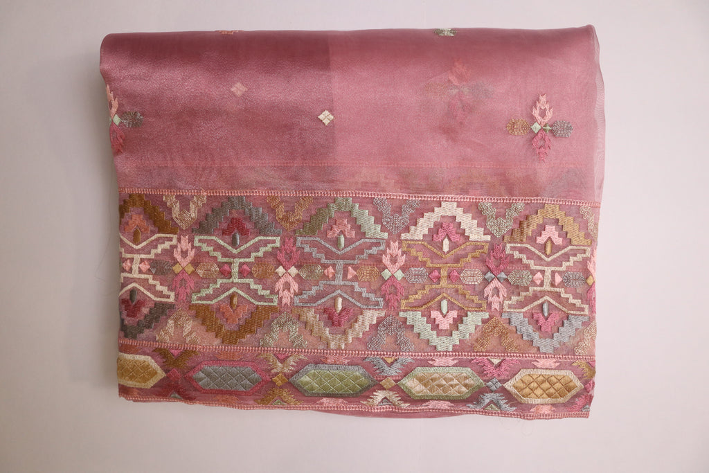 Pink Premium Organza Silk Saree With Multicolour Embroidery
