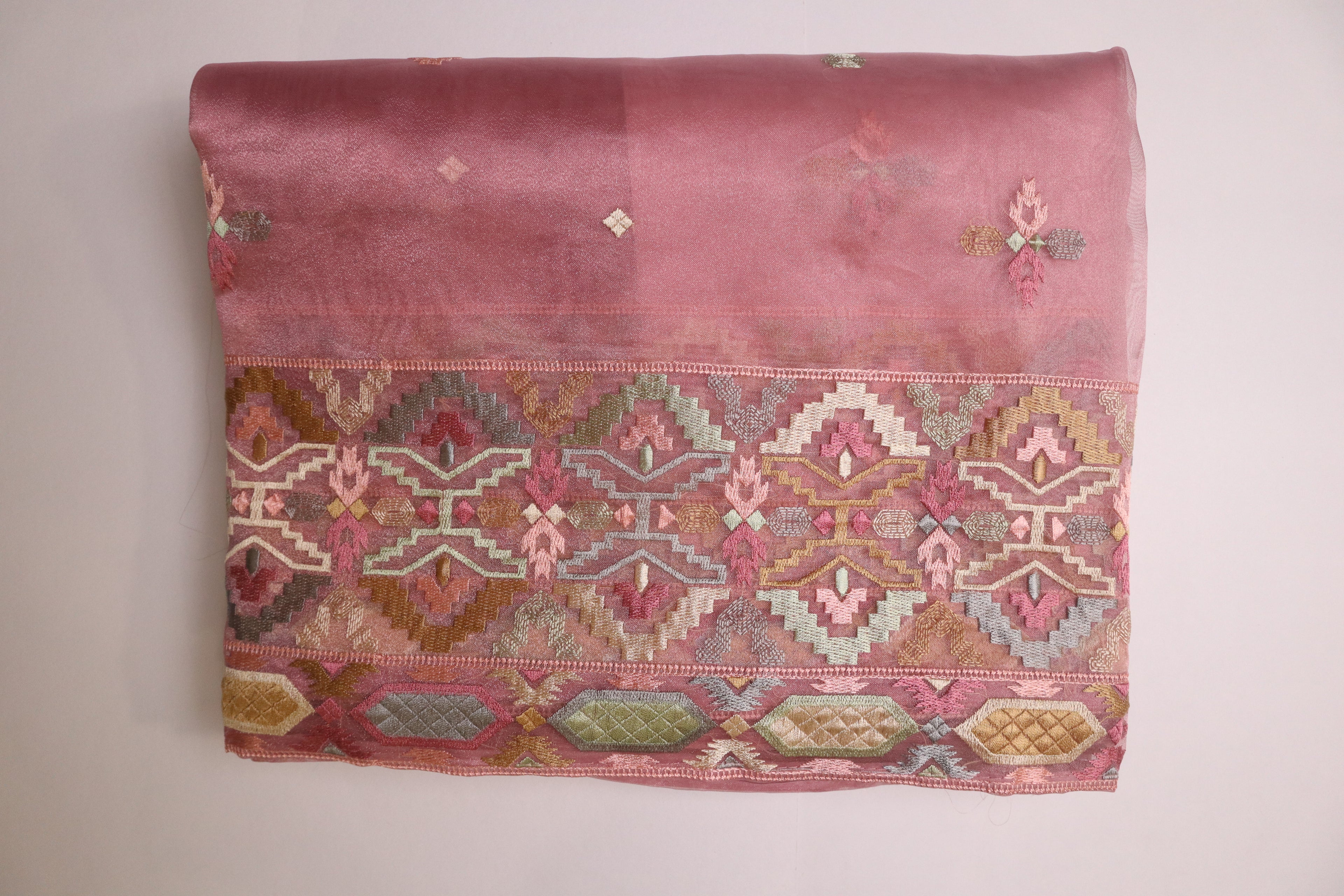 Pink Premium Organza Silk Saree With Multicolour Embroidery