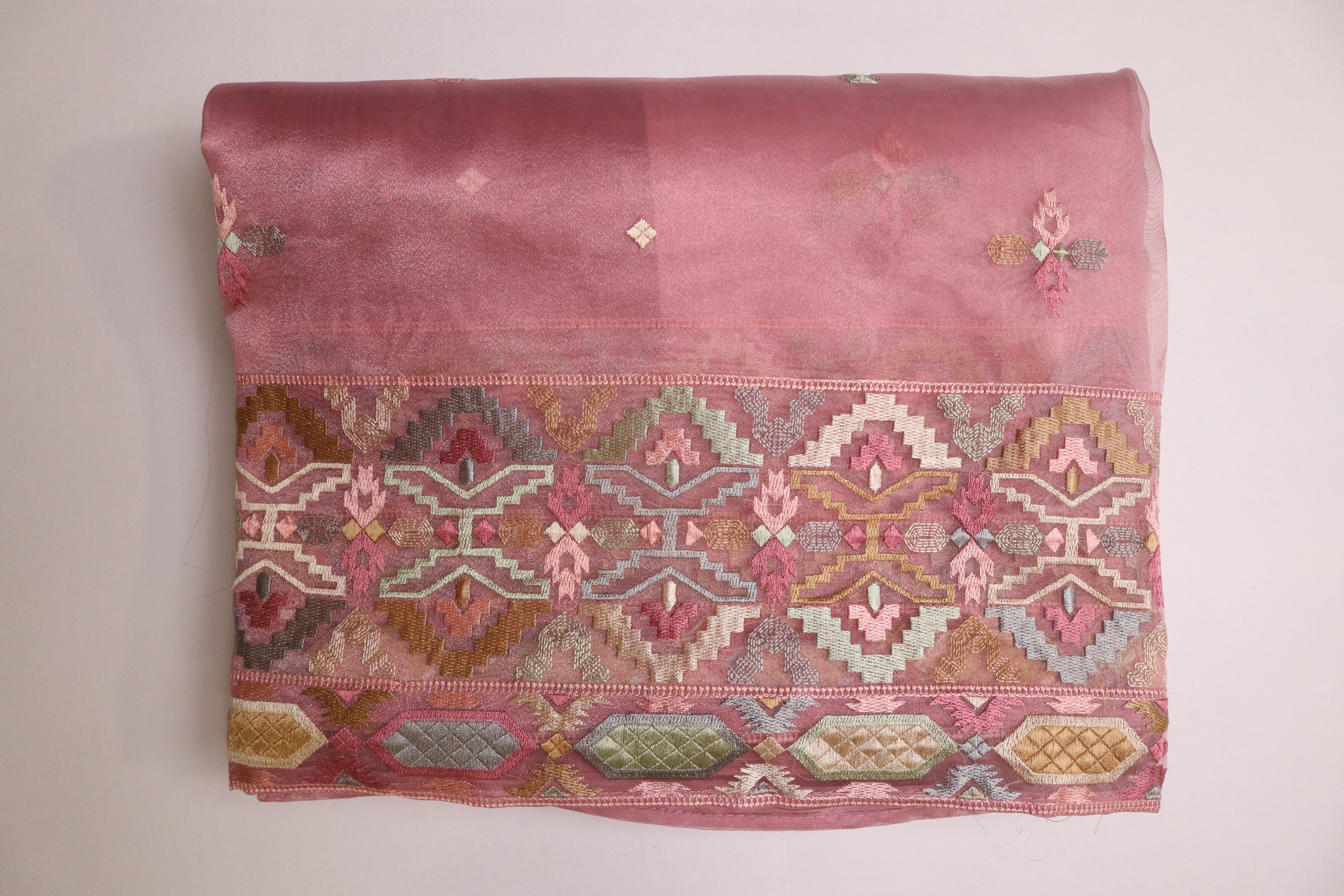 Pink Premium Organza Silk Saree With Multicolour Embroidery