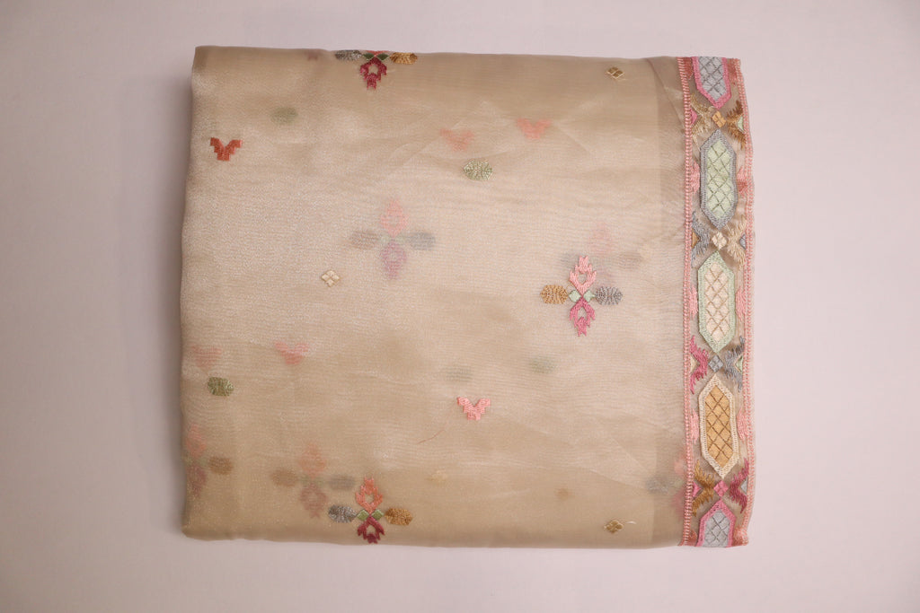 Off White Premium Organza Silk Saree With Multicolour Embroidery