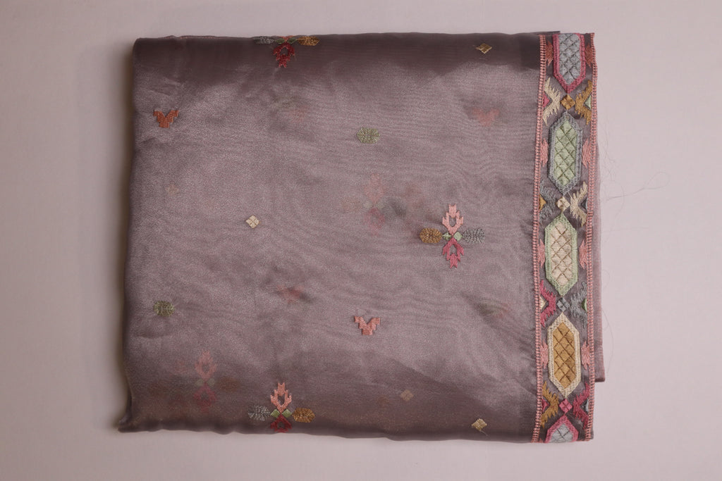 Grey Lavender Premium Organza Silk Saree With Multicolour Embroidery