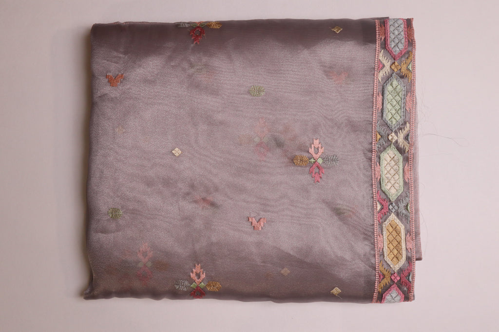 Grey Lavender Premium Organza Silk Saree With Multicolour Embroidery