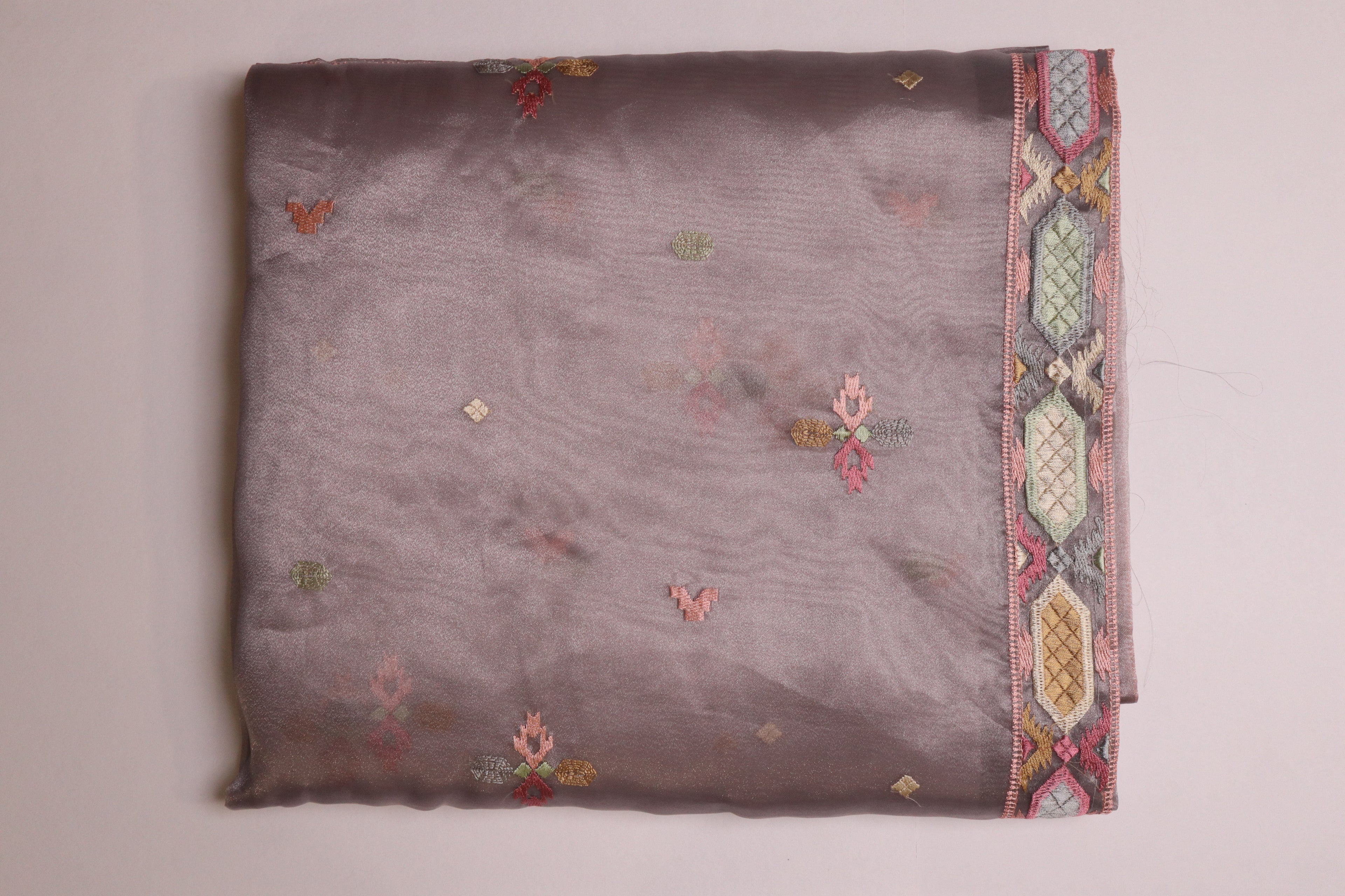 Grey Lavender Premium Organza Silk Saree With Multicolour Embroidery