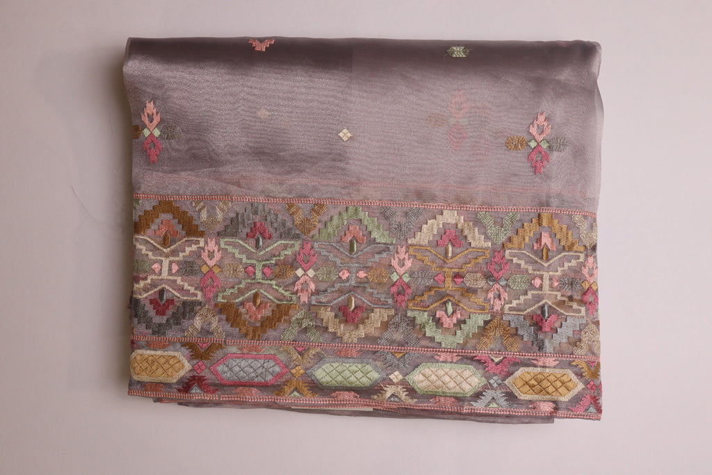 Grey Lavender Premium Organza Silk Saree With Multicolour Embroidery