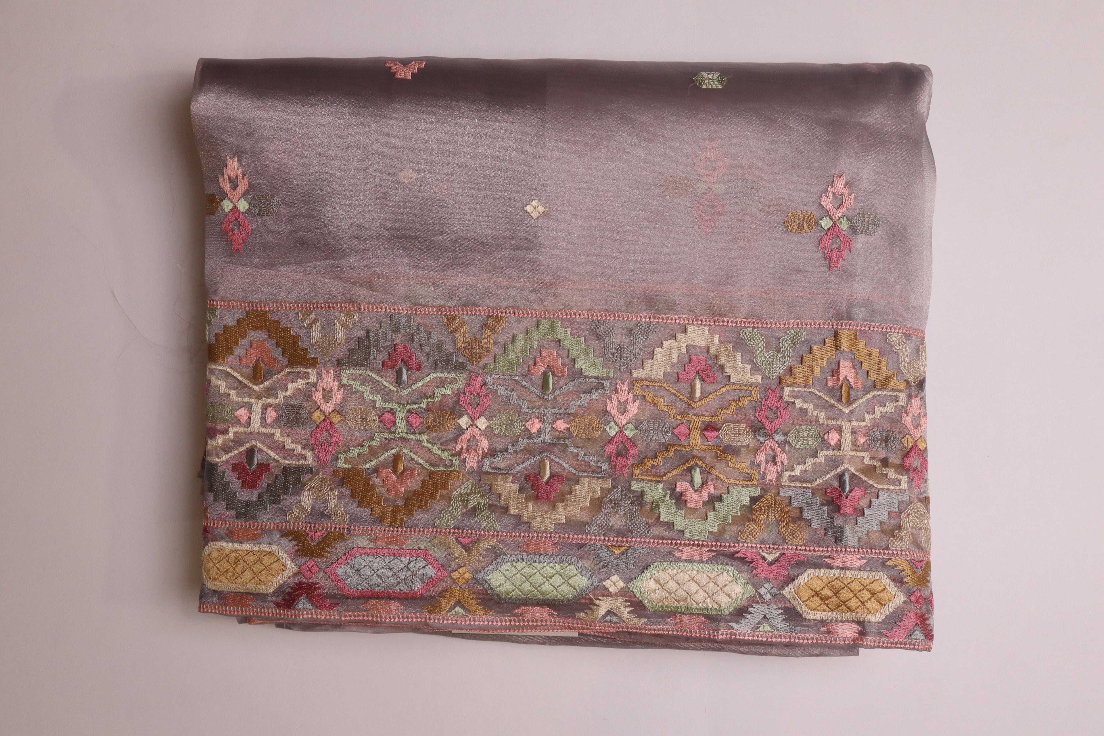 Grey Lavender Premium Organza Silk Saree With Multicolour Embroidery