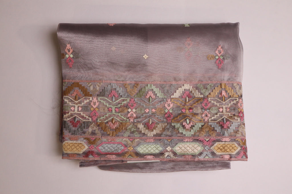 Grey Lavender Premium Organza Silk Saree With Multicolour Embroidery