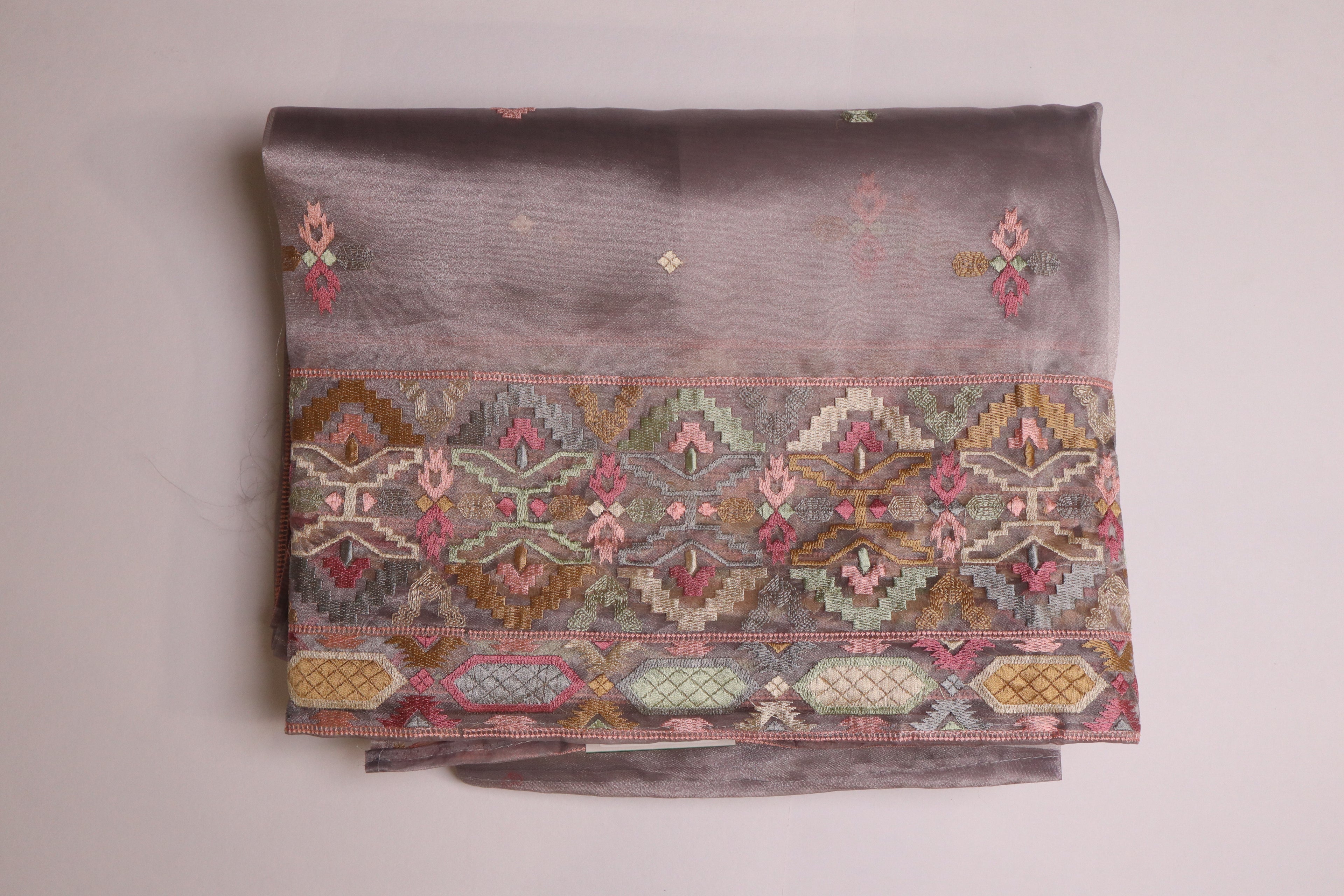 Grey Lavender Premium Organza Silk Saree With Multicolour Embroidery