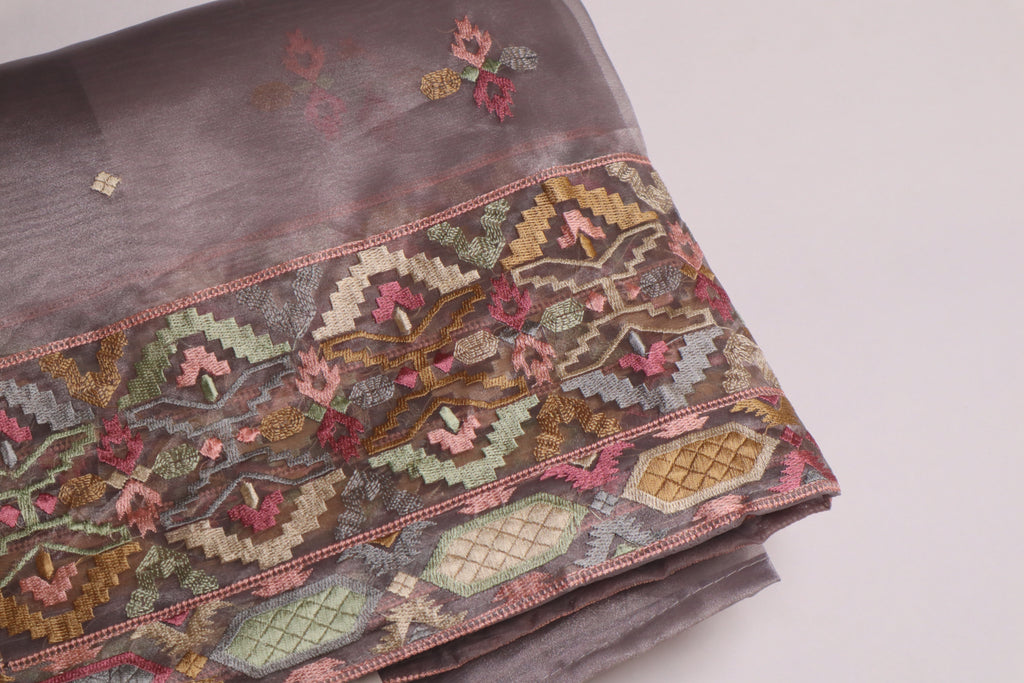 Grey Lavender Premium Organza Silk Saree With Multicolour Embroidery