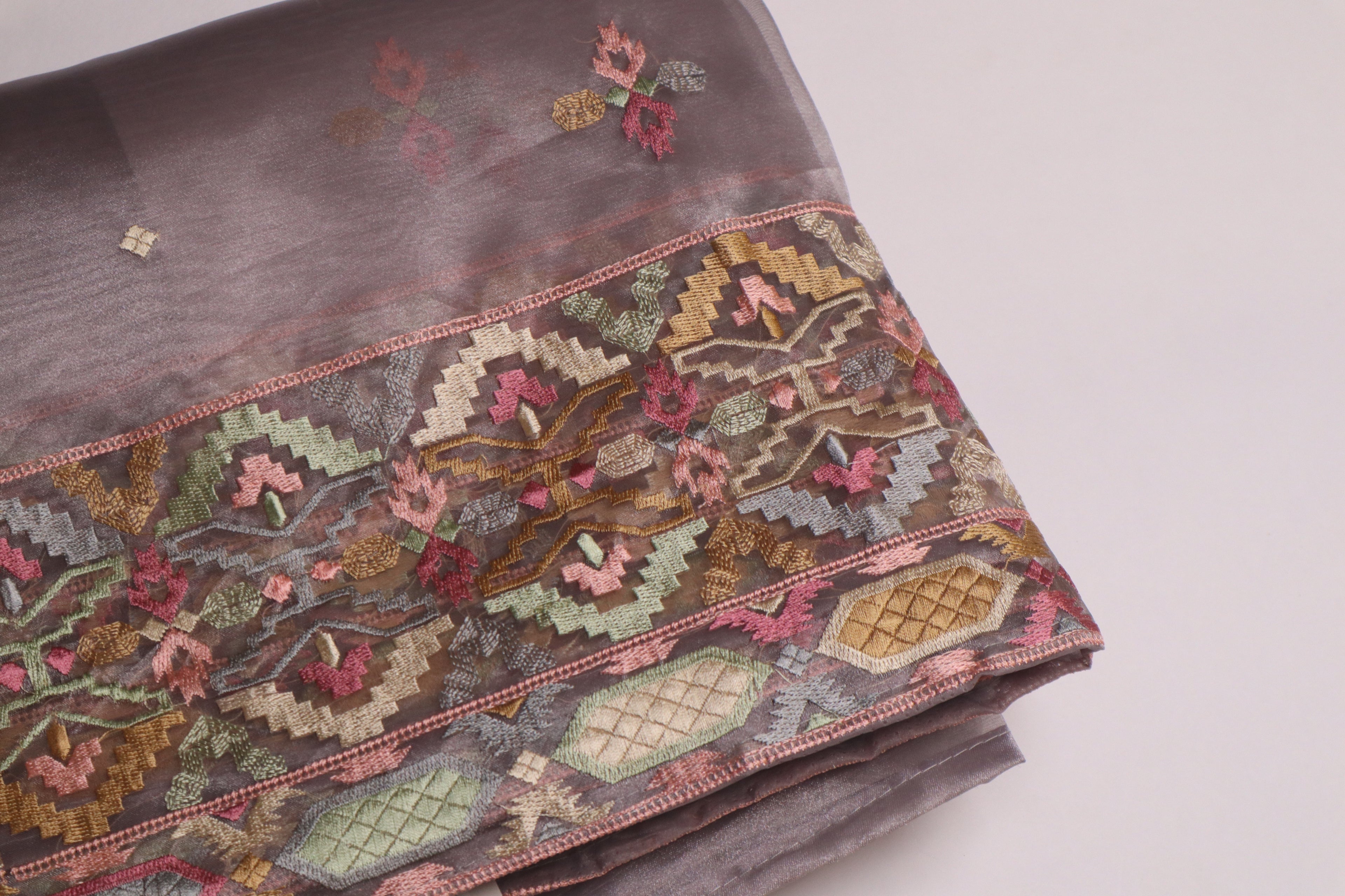 Grey Lavender Premium Organza Silk Saree With Multicolour Embroidery