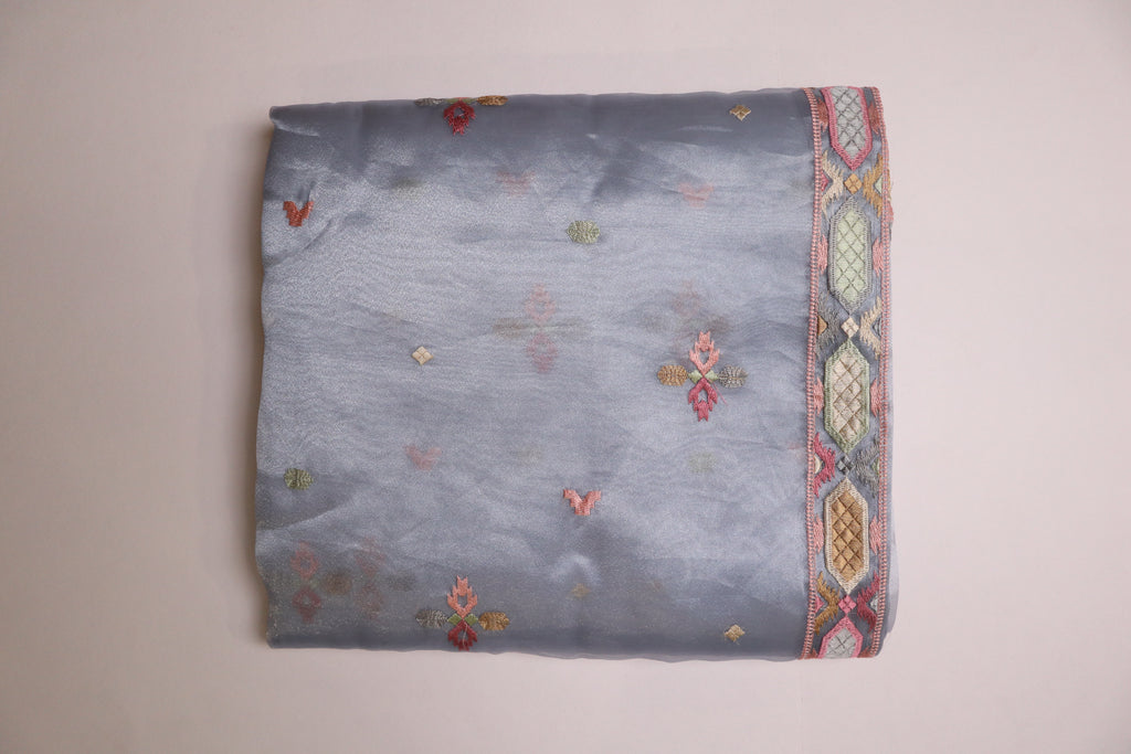 Powder Blue Premium Organza Silk Saree With Multicolour Embroidery