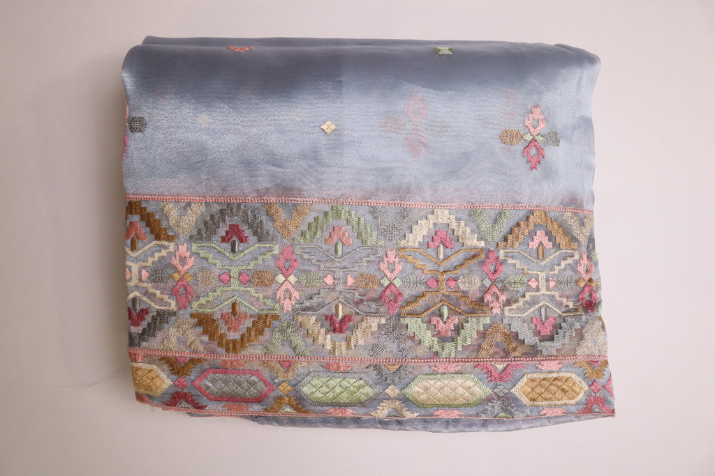 Powder Blue Premium Organza Silk Saree With Multicolour Embroidery
