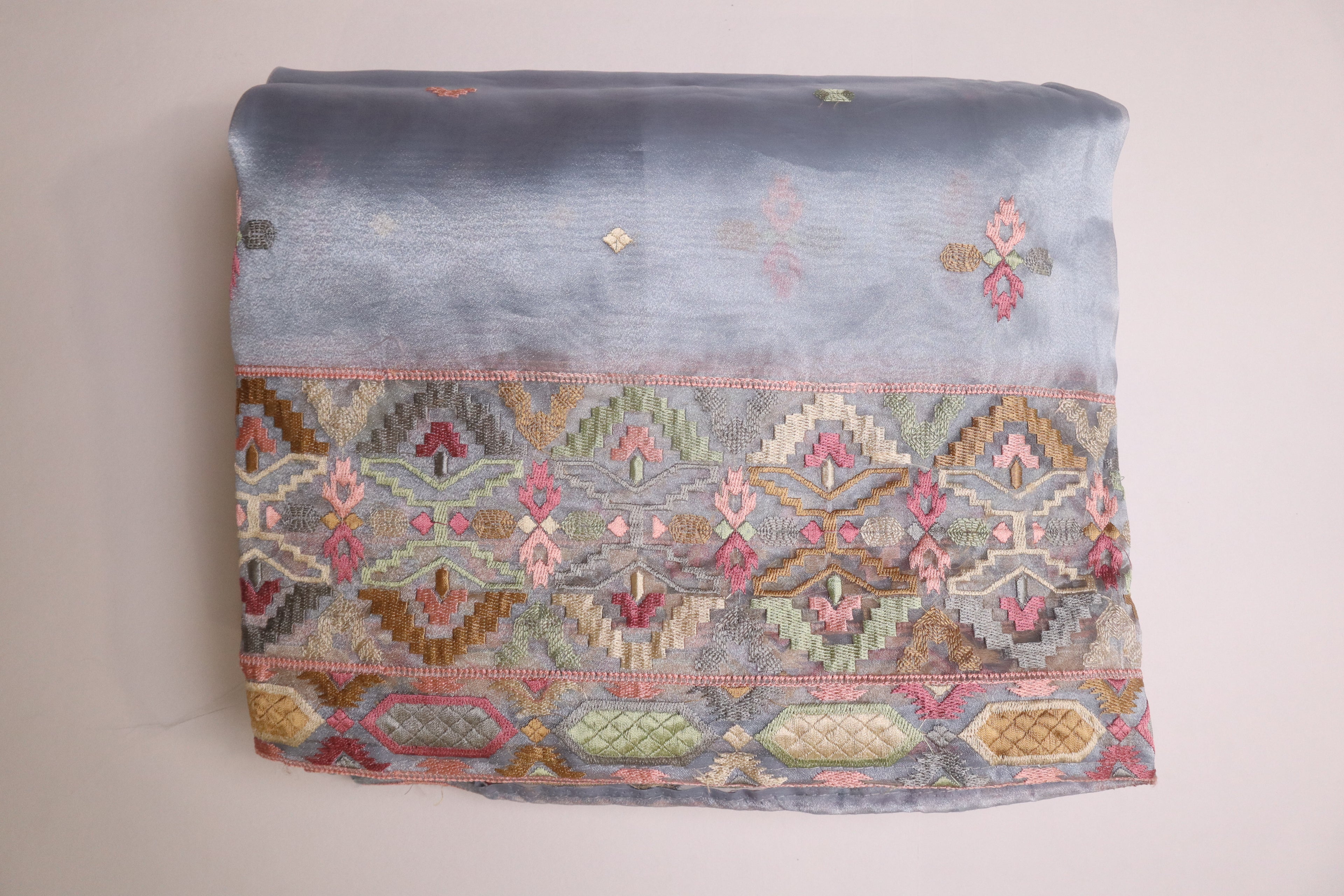 Powder Blue Premium Organza Silk Saree With Multicolour Embroidery