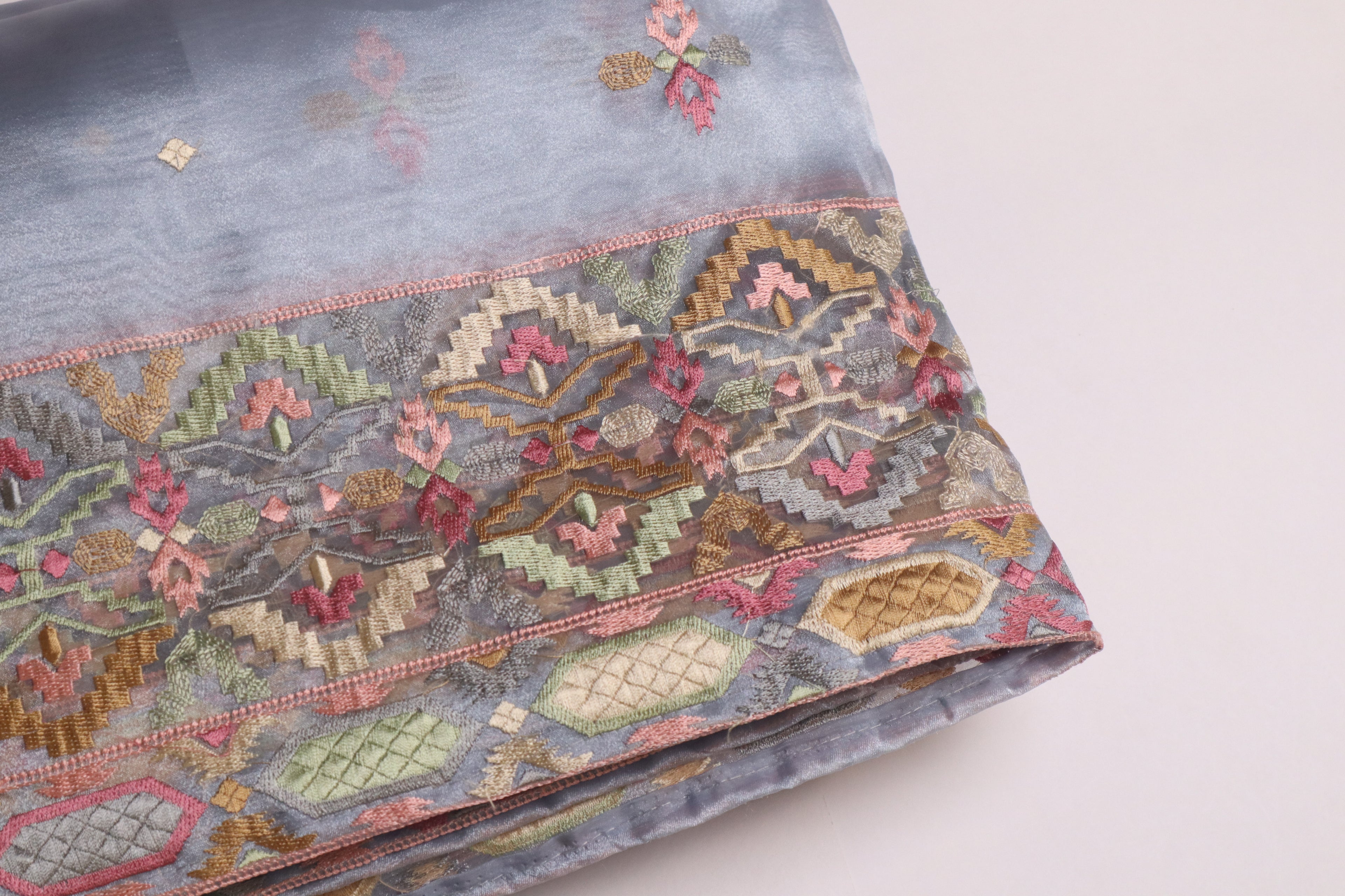 Powder Blue Premium Organza Silk Saree With Multicolour Embroidery