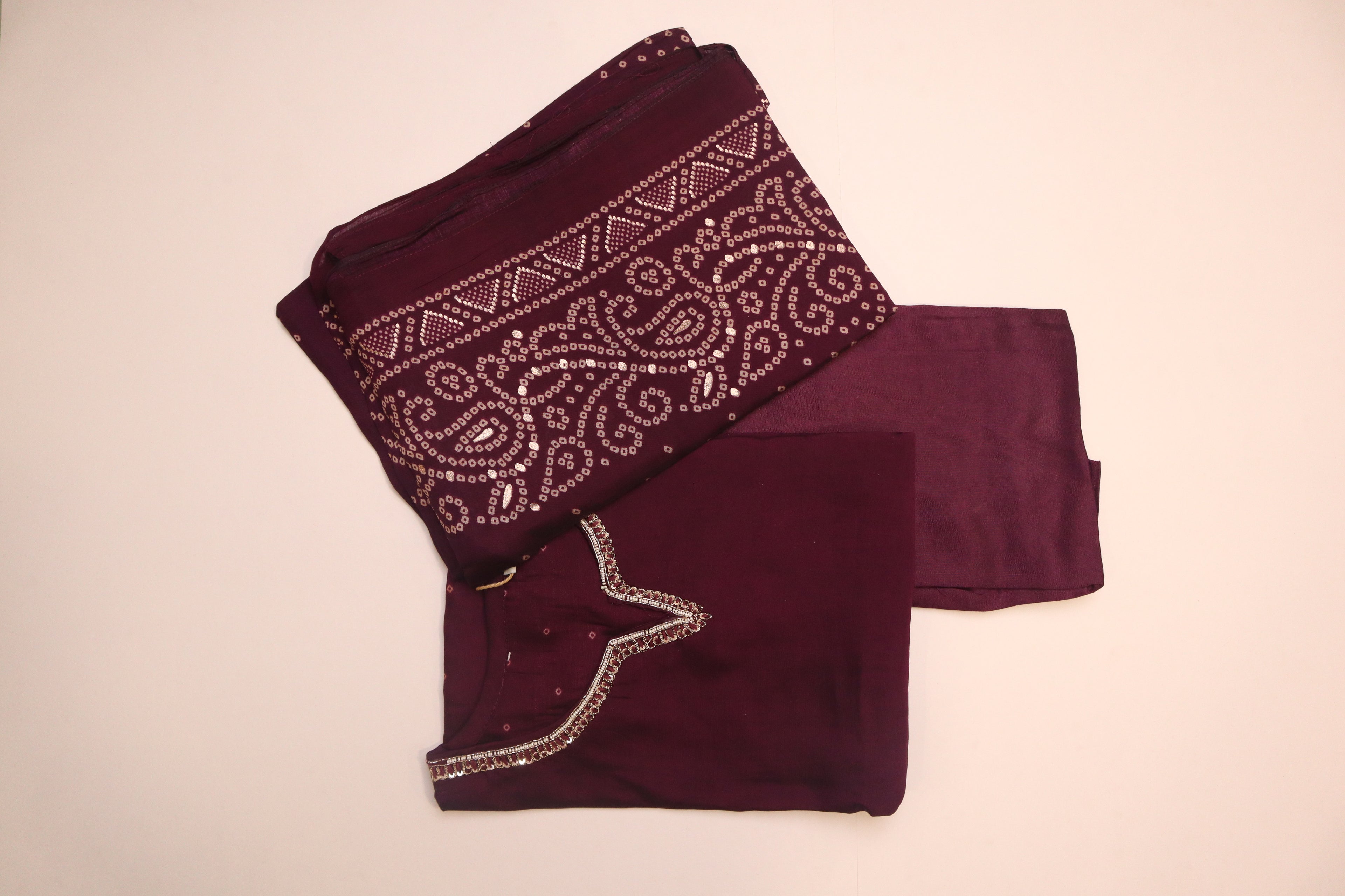 Dark Purple Bandhni Print Semi Silk With Handwork – 3 Piece Set