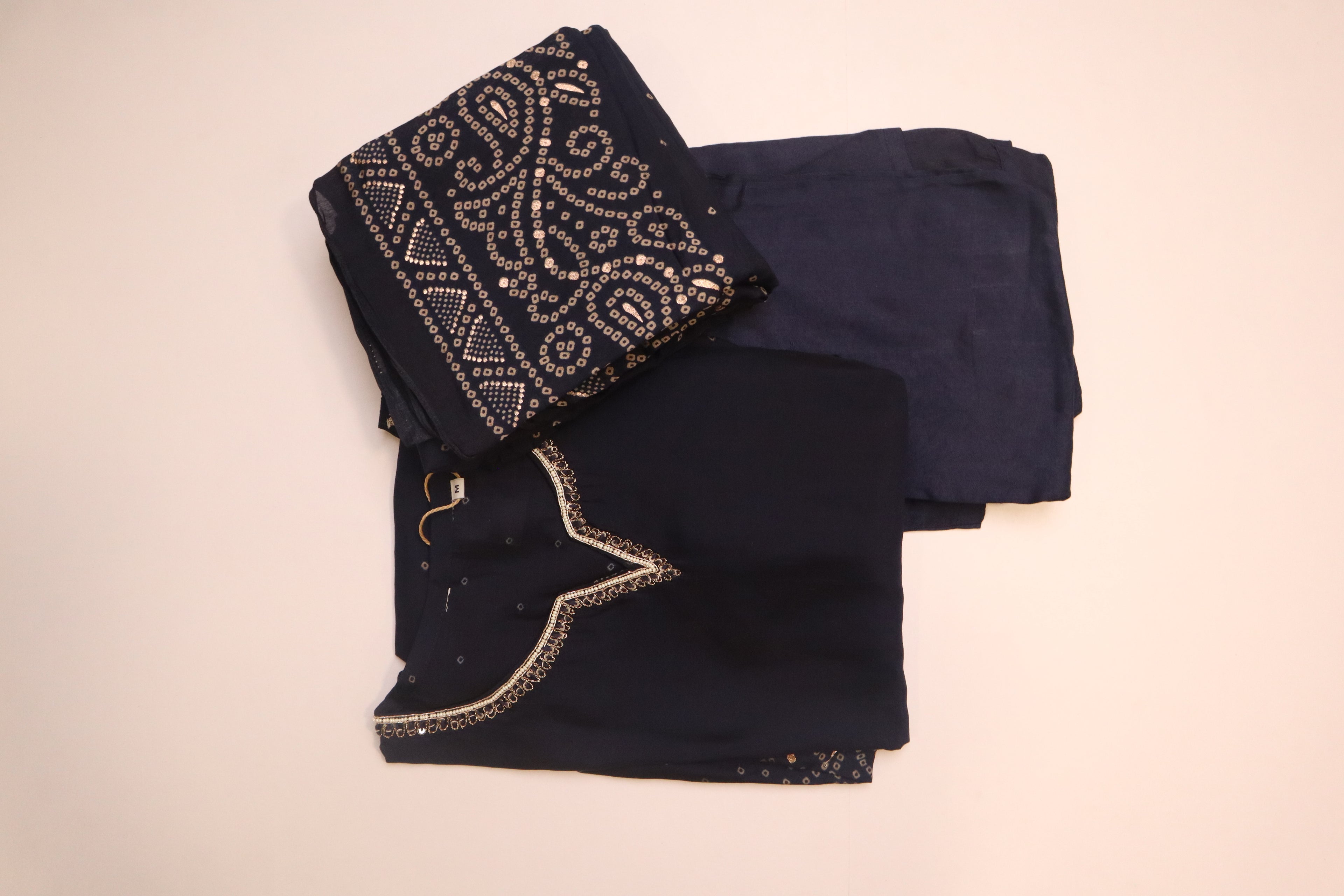 Navy Blue Bandhni Print Semi Silk With Handwork – 3 Piece Set