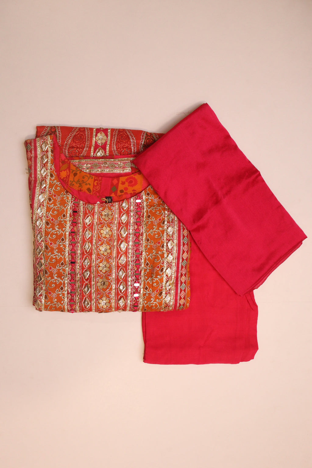 Rani Pink Russian Silk With Pakistani Print & Mirror Gota Patti Work – 3 Piece Set