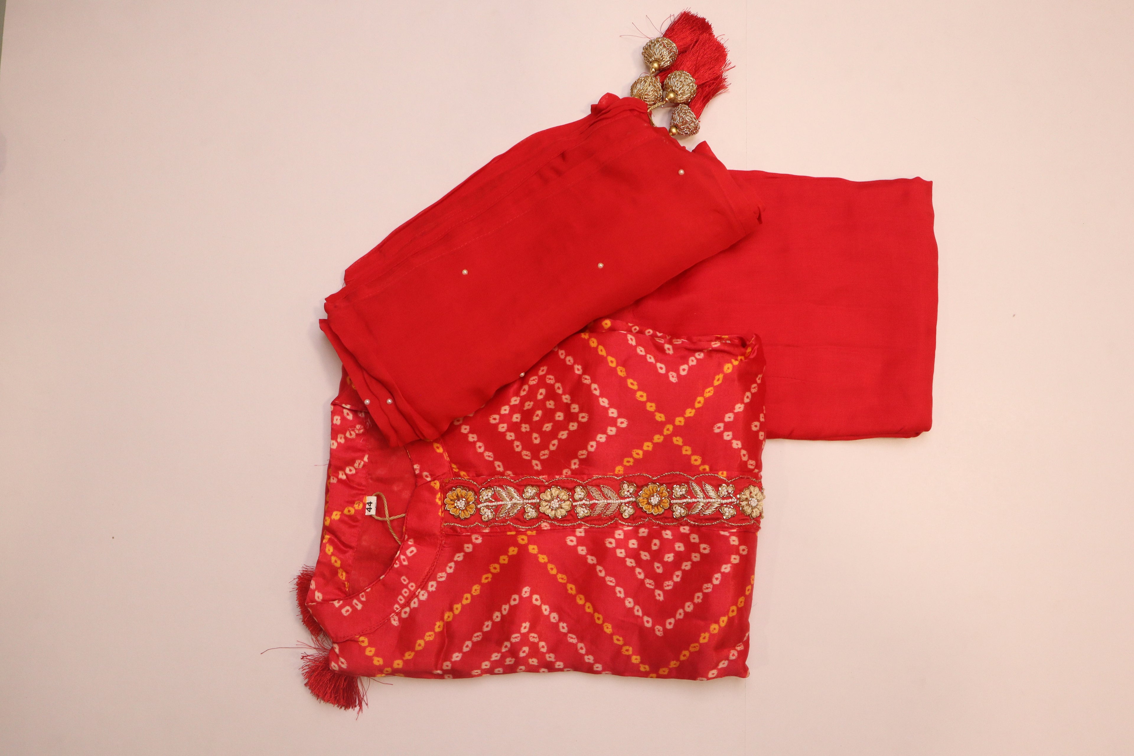 Red Pure Gaji Silk Bandhni With Hand Work – 3 Piece Set