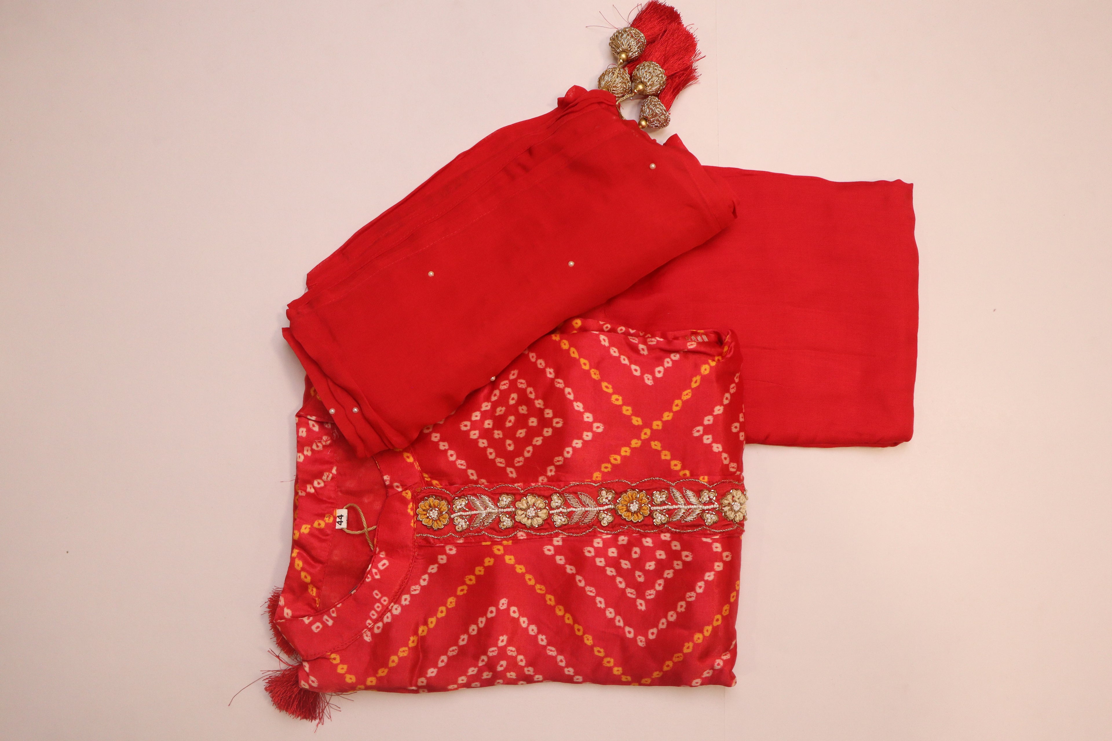 Red Pure Gaji Silk Bandhni With Hand Work – 3 Piece Set
