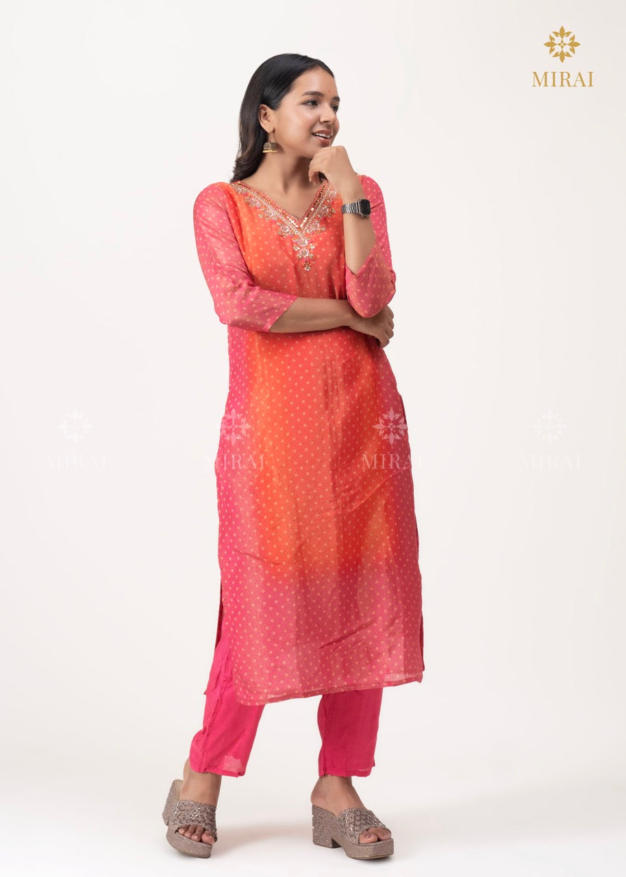 3 Piece-Bandhini Tissue Set With Mirror And Hand Work-Orange