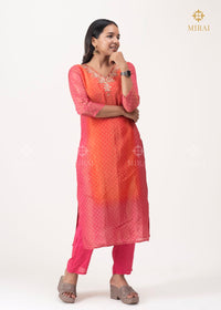 3 Piece-Bandhini Tissue Set With Mirror And Hand Work-Orange