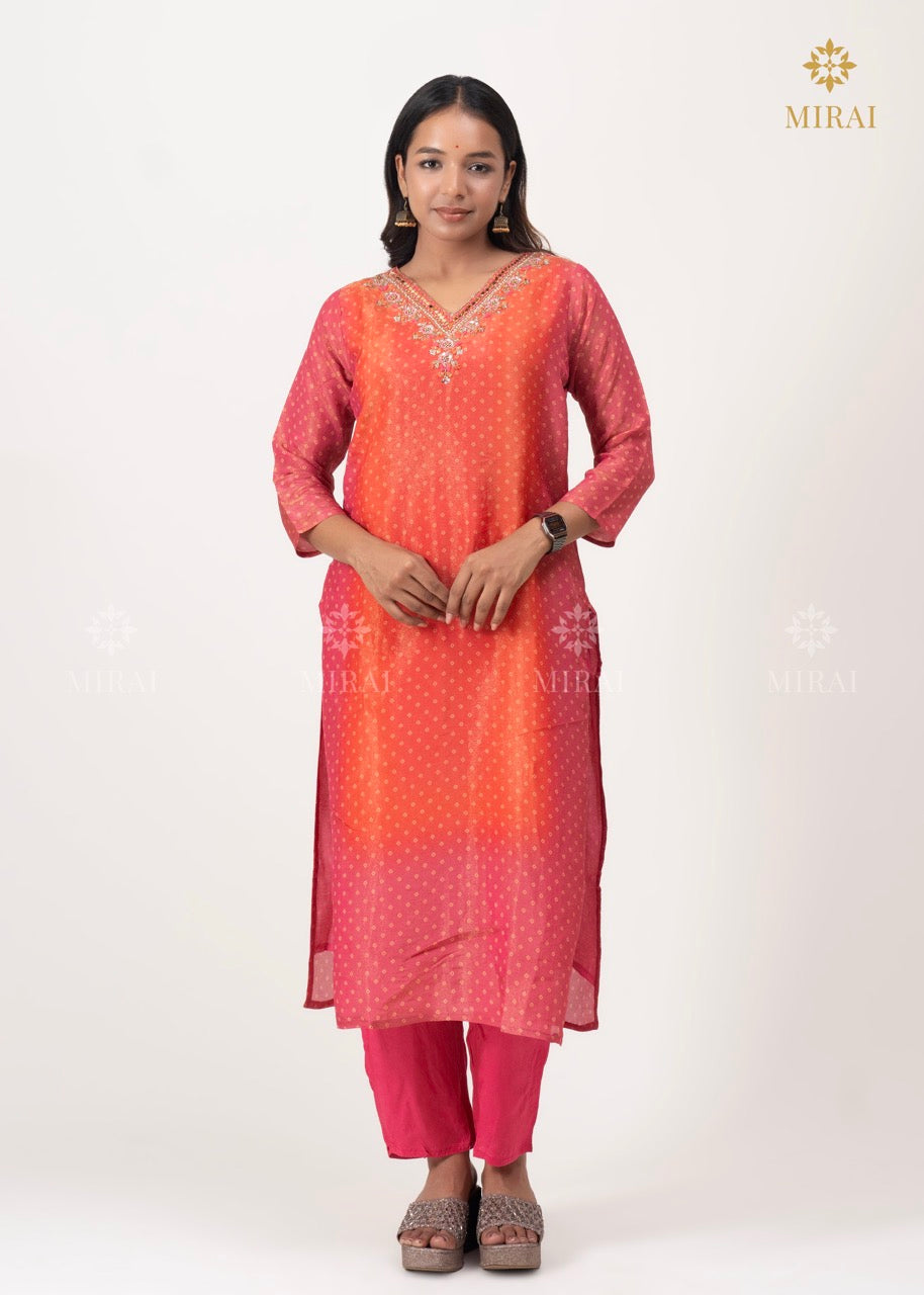 3 Piece-Bandhini Tissue Set With Mirror And Hand Work-Orange