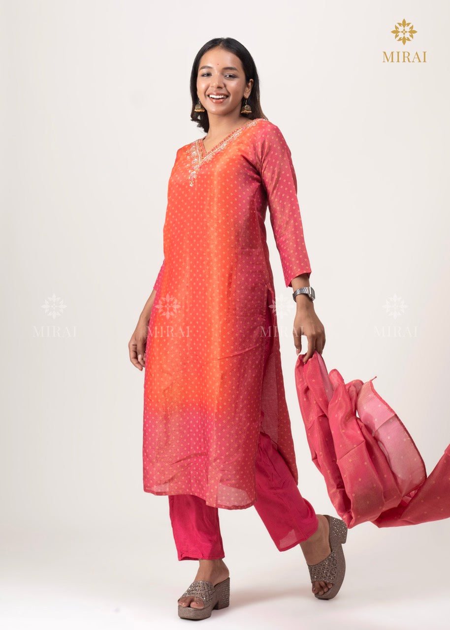 3 Piece-Bandhini Tissue Set With Mirror And Hand Work-Orange