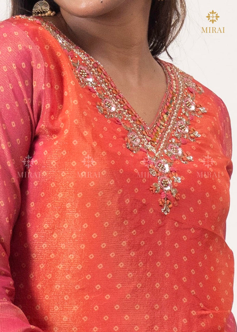 3 Piece-Bandhini Tissue Set With Mirror And Hand Work-Orange