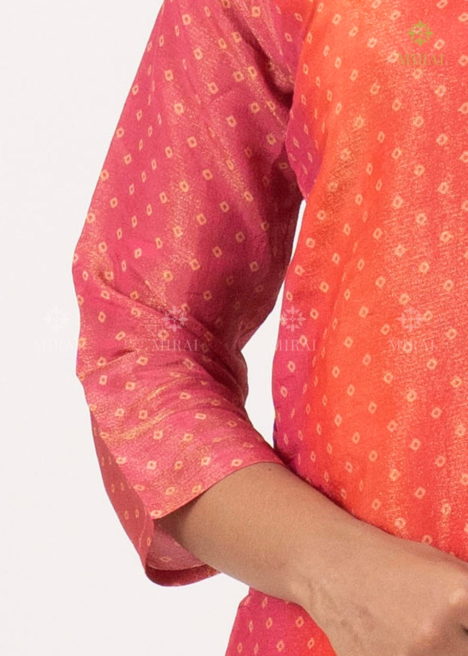 3 Piece-Bandhini Tissue Set With Mirror And Hand Work-Orange