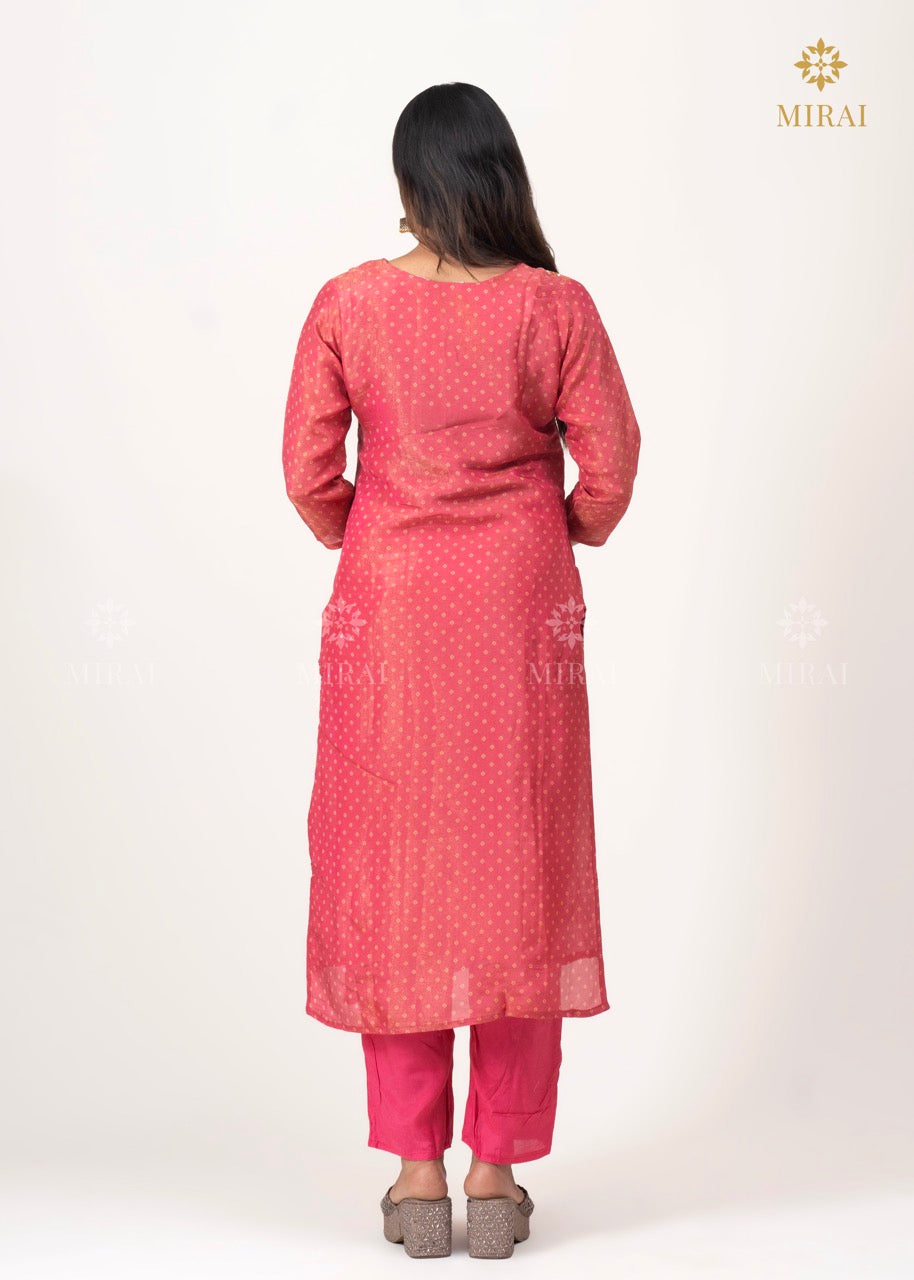 3 Piece-Bandhini Tissue Set With Mirror And Hand Work-Orange