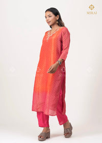 3 Piece-Bandhini Tissue Set With Mirror And Hand Work-Orange