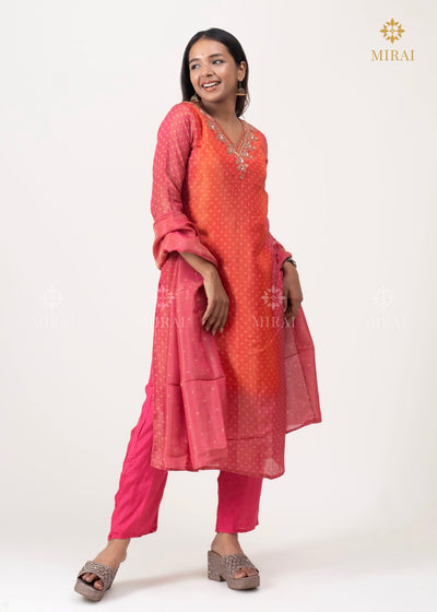3 Piece-Bandhini Tissue Set With Mirror And Hand Work-Orange