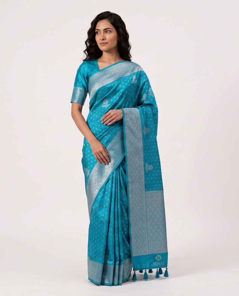 Banarasi Mashru Silk Saree With Floral Silver & Gold Zari Butta-Light Blue