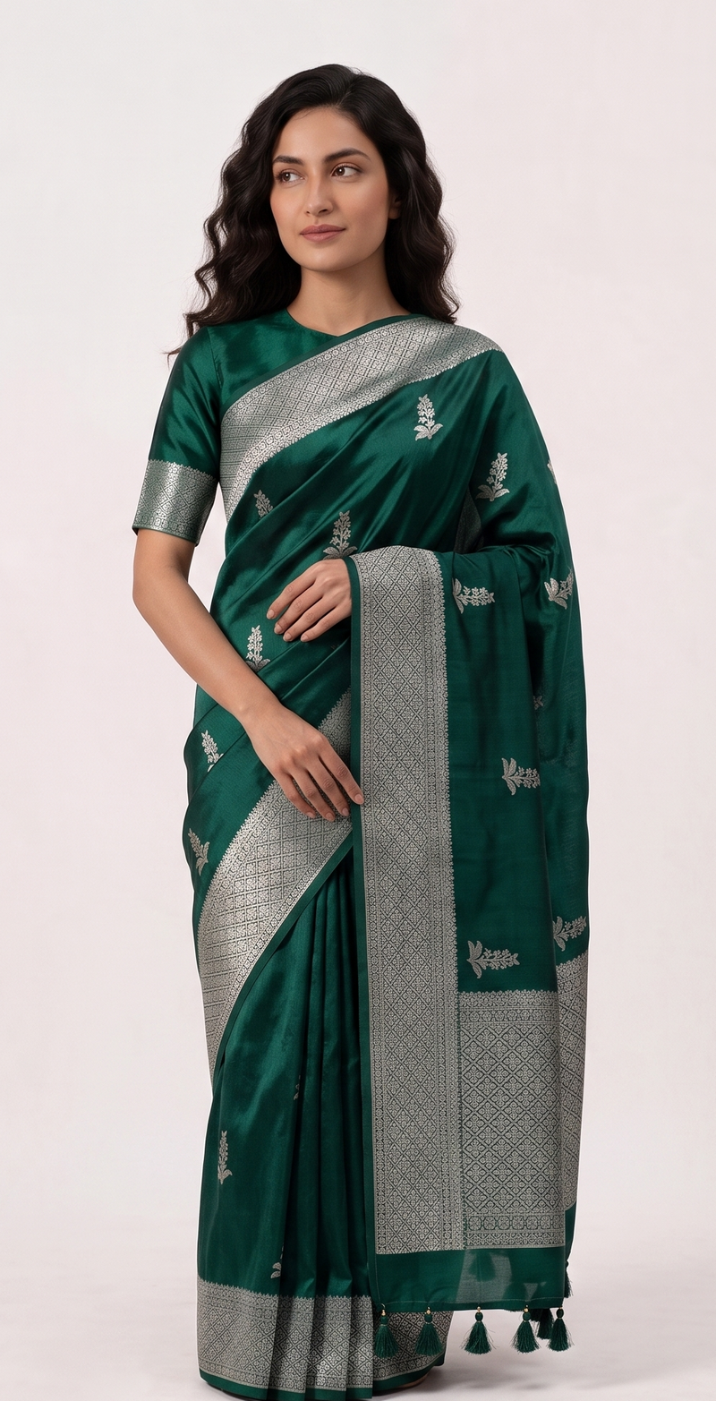 Banarasi Mashru Silk With Floral Silver & Gold Zari Butta-Bottle Green