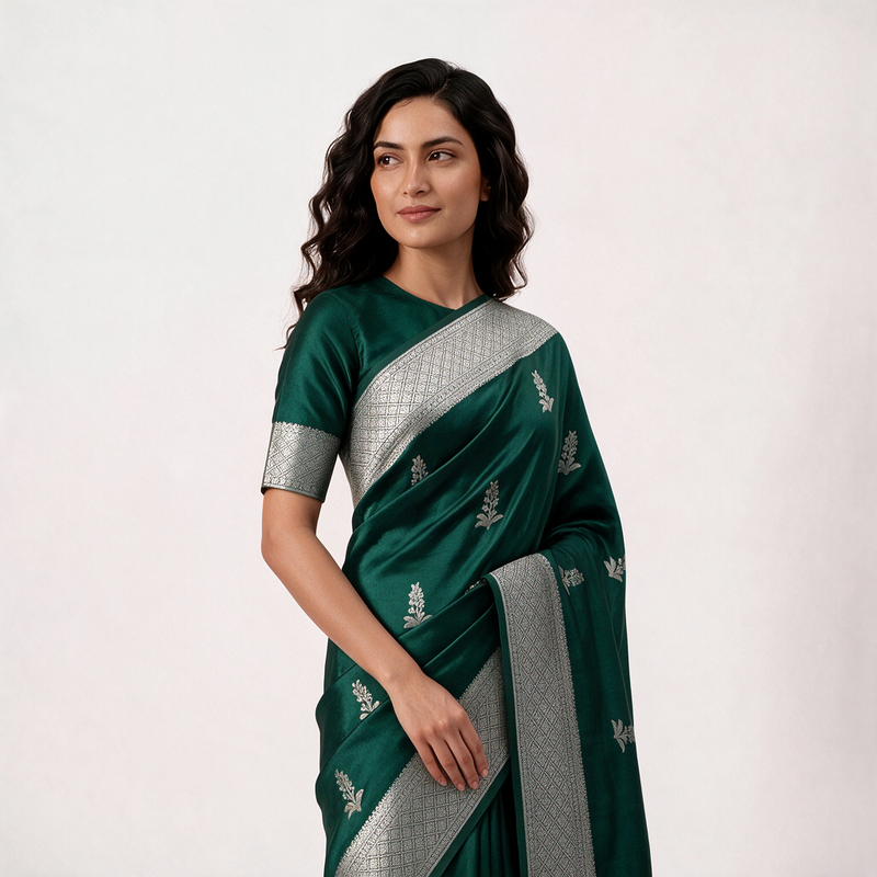 Banarasi Mashru Silk With Floral Silver & Gold Zari Butta-Bottle Green