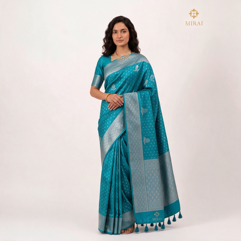 Banarasi Mashru Silk Saree With Floral Silver & Gold Zari Butta-Light Blue
