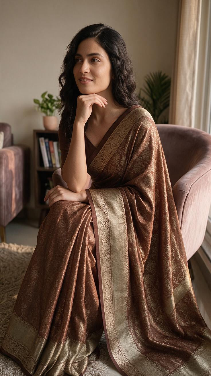 Sandal Premium Brocade Soft Silk Saree with Zari Border Blouse