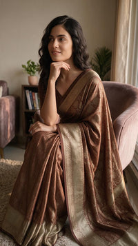 Sandal Premium Brocade Soft Silk Saree with Zari Border Blouse